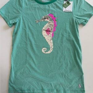 Joules Teal Striped Kids Tee with Sequined Seahorse